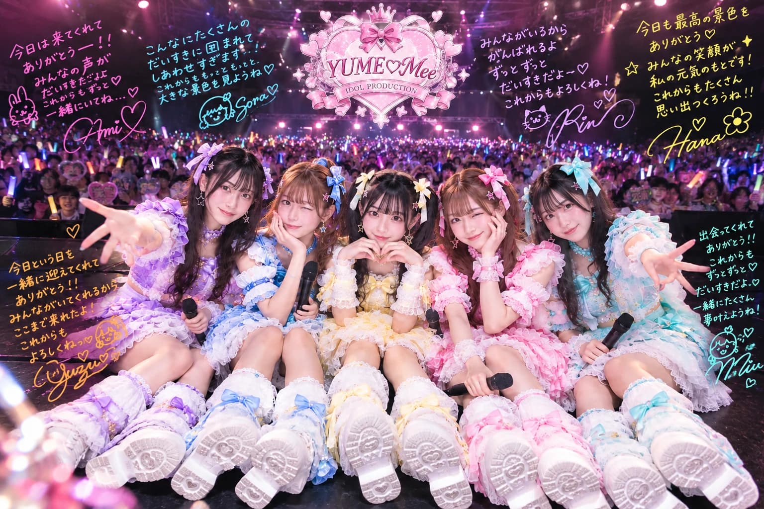 ライブ会場でポーズをとる、5人のアイドルのイメージ写真(手書きのサインとコメント入り)
